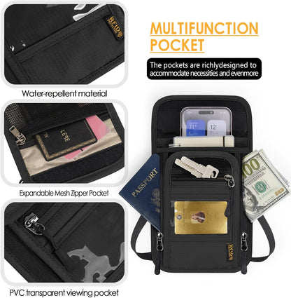 Travel Neck Wallet RFID Blocking – Hidden Passport Holder & Anti-Theft Money Pouch for Men & Women, Lightweight Concealed Undergarment Organizer with Adjustable Strap, Secure Document Holder