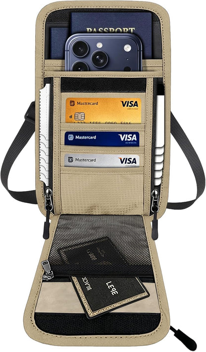 Travel Neck Wallet RFID Blocking – Hidden Passport Holder & Anti-Theft Money Pouch for Men & Women, Lightweight Concealed Undergarment Organizer with Adjustable Strap, Secure Document Holder