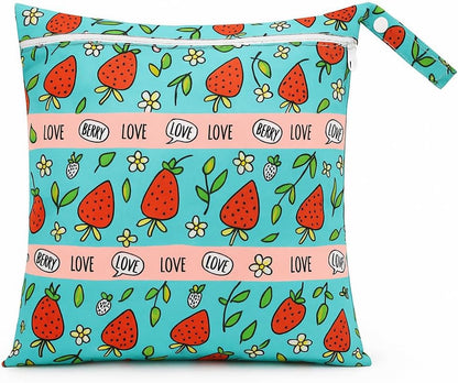 Waterproof Wet Dry Bag, Reusable Diaper Pouch with Zipper, Machine Washable Travel Organizer for Beach, Daycare, Kids, Dinosaur Pattern (Strawberry)