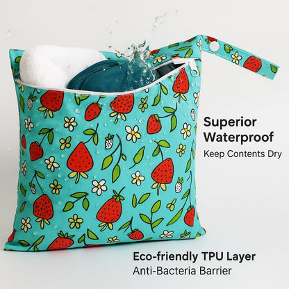 Waterproof Wet Dry Bag, Reusable Diaper Pouch with Zipper, Machine Washable Travel Organizer for Beach, Daycare, Kids, Dinosaur Pattern (Strawberry)