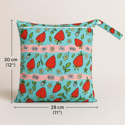 Waterproof Wet Dry Bag, Reusable Diaper Pouch with Zipper, Machine Washable Travel Organizer for Beach, Daycare, Kids, Dinosaur Pattern (Strawberry)