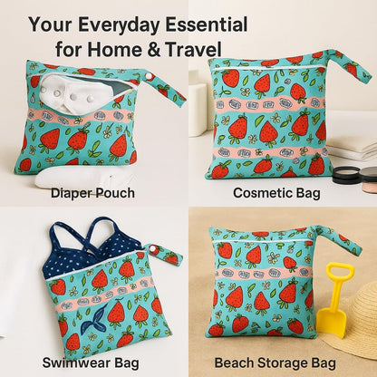 Waterproof Wet Dry Bag, Reusable Diaper Pouch with Zipper, Machine Washable Travel Organizer for Beach, Daycare, Kids, Dinosaur Pattern (Strawberry)
