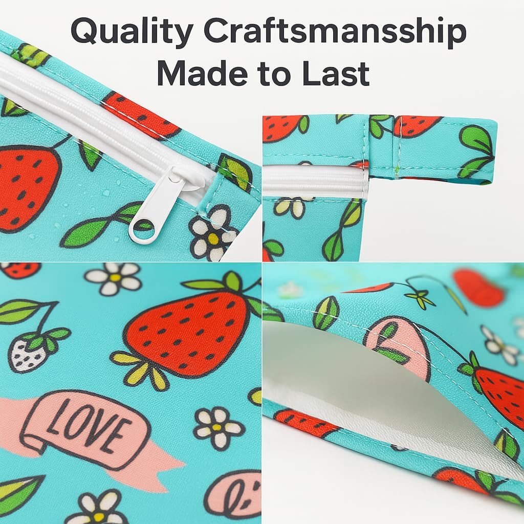 Waterproof Wet Dry Bag, Reusable Diaper Pouch with Zipper, Machine Washable Travel Organizer for Beach, Daycare, Kids, Dinosaur Pattern (Strawberry)