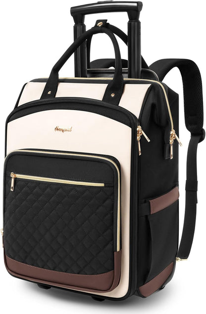 Rolling Backpack for Women, Travel Backpack with Wheels, Vertical Storage Wheeled Laptop Backpack, Underseat Carry on Luggage for College Business Work, Stylish Rolling Laptop Bag, Grey Brown