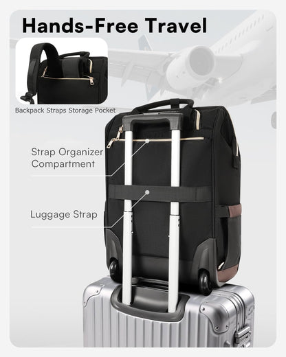 Rolling Backpack for Women, Travel Backpack with Wheels, Vertical Storage Wheeled Laptop Backpack, Underseat Carry on Luggage for College Business Work, Stylish Rolling Laptop Bag, Grey Brown