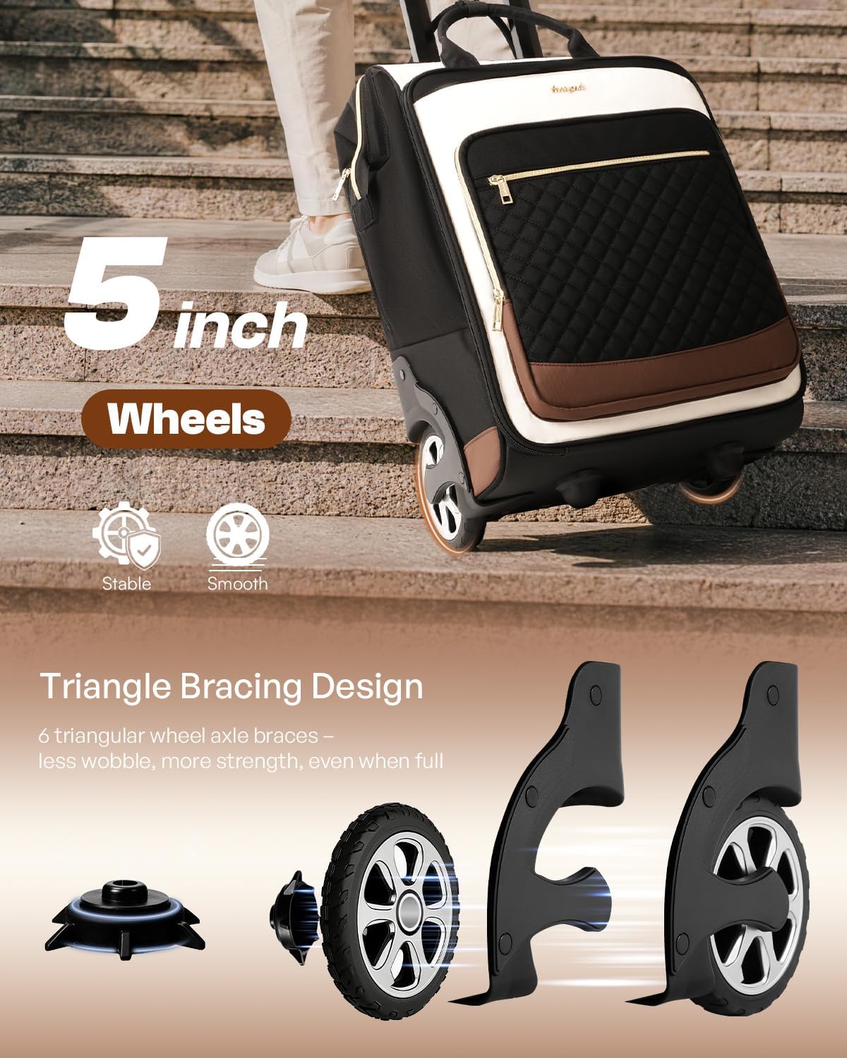 Rolling Backpack for Women, Travel Backpack with Wheels, Vertical Storage Wheeled Laptop Backpack, Underseat Carry on Luggage for College Business Work, Stylish Rolling Laptop Bag, Grey Brown