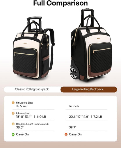 Rolling Backpack for Women, Travel Backpack with Wheels, Vertical Storage Wheeled Laptop Backpack, Underseat Carry on Luggage for College Business Work, Stylish Rolling Laptop Bag, Grey Brown