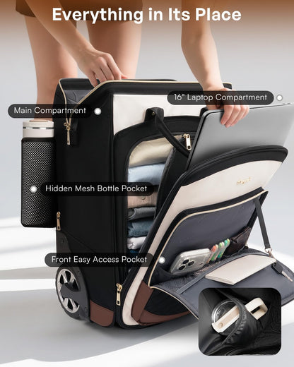 Rolling Backpack for Women, Travel Backpack with Wheels, Vertical Storage Wheeled Laptop Backpack, Underseat Carry on Luggage for College Business Work, Stylish Rolling Laptop Bag, Grey Brown