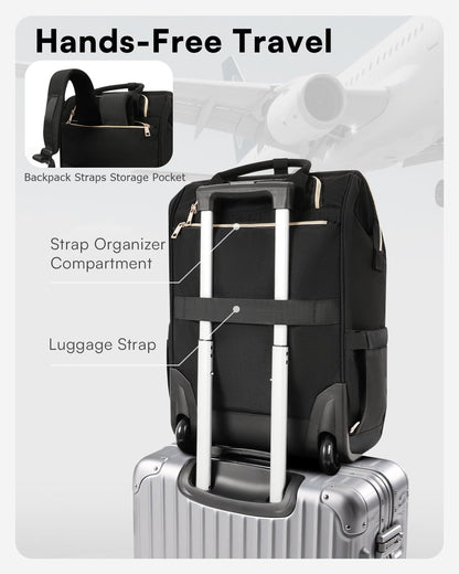 Rolling Backpack for Women, Travel Backpack with Wheels, Vertical Storage Wheeled Laptop Backpack, Underseat Carry on Luggage for College Business Work, Stylish Rolling Laptop Bag, Grey Brown