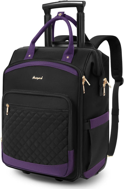 Rolling Backpack for Women, Travel Backpack with Wheels, Vertical Storage Wheeled Laptop Backpack, Underseat Carry on Luggage for College Business Work, Stylish Rolling Laptop Bag, Grey Brown