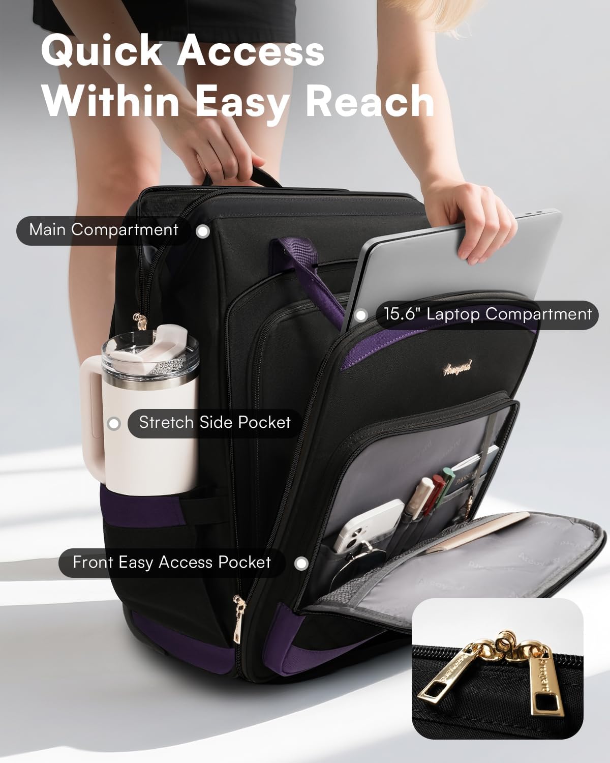 Rolling Backpack for Women, Travel Backpack with Wheels, Vertical Storage Wheeled Laptop Backpack, Underseat Carry on Luggage for College Business Work, Stylish Rolling Laptop Bag, Grey Brown