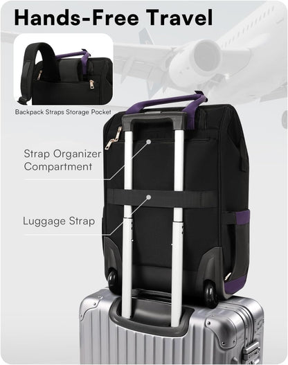 Rolling Backpack for Women, Travel Backpack with Wheels, Vertical Storage Wheeled Laptop Backpack, Underseat Carry on Luggage for College Business Work, Stylish Rolling Laptop Bag, Grey Brown