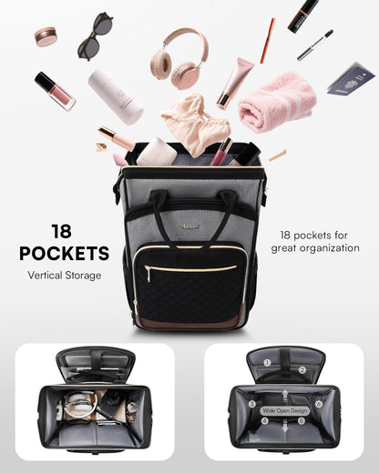 Rolling Backpack for Women, Travel Backpack with Wheels, Vertical Storage Wheeled Laptop Backpack, Underseat Carry on Luggage for College Business Work, Stylish Rolling Laptop Bag, Grey Brown