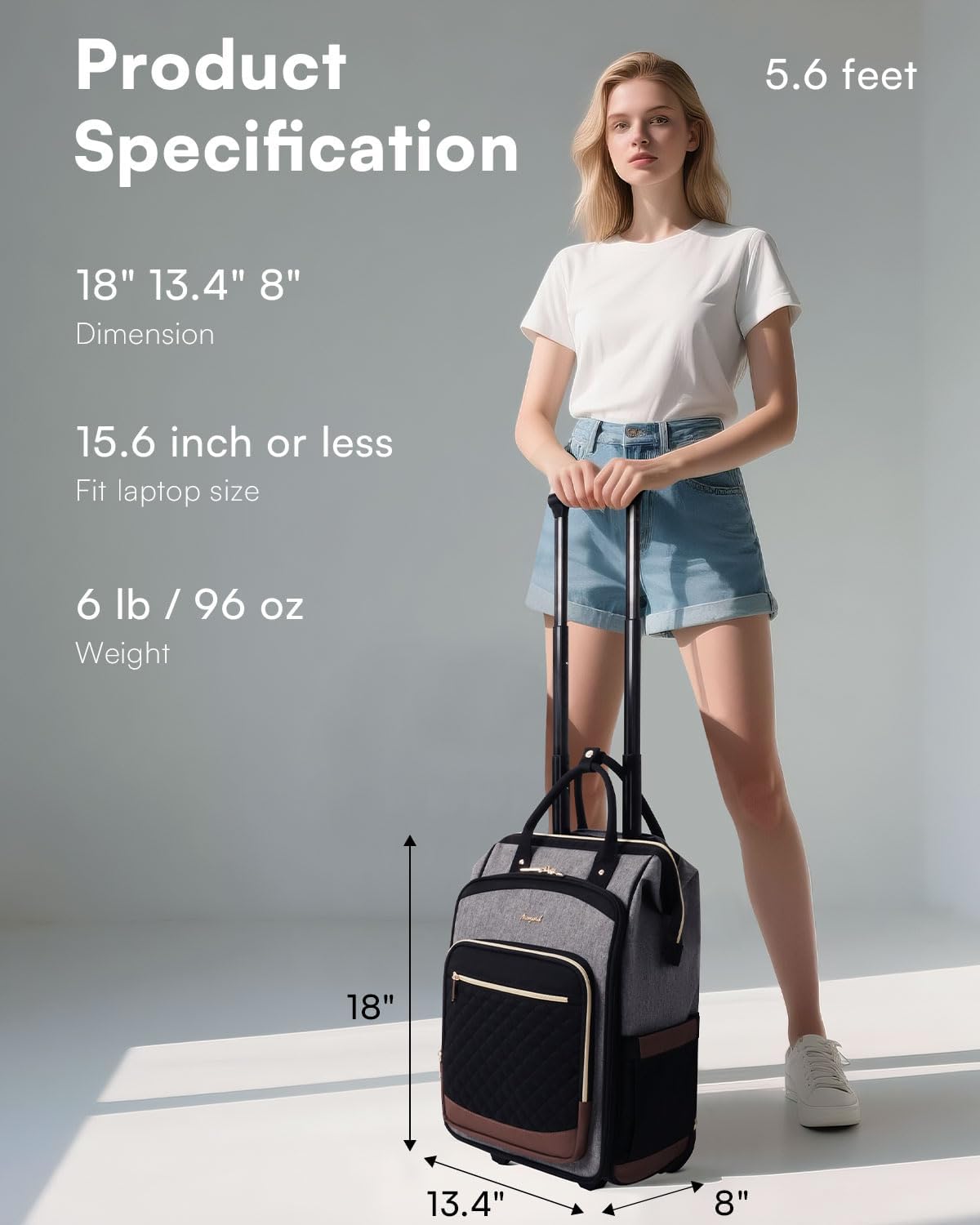 Rolling Backpack for Women, Travel Backpack with Wheels, Vertical Storage Wheeled Laptop Backpack, Underseat Carry on Luggage for College Business Work, Stylish Rolling Laptop Bag, Grey Brown