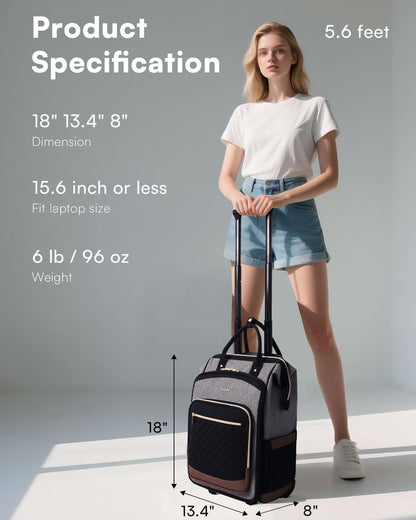 Rolling Backpack for Women, Travel Backpack with Wheels, Vertical Storage Wheeled Laptop Backpack, Underseat Carry on Luggage for College Business Work, Stylish Rolling Laptop Bag, Grey Brown