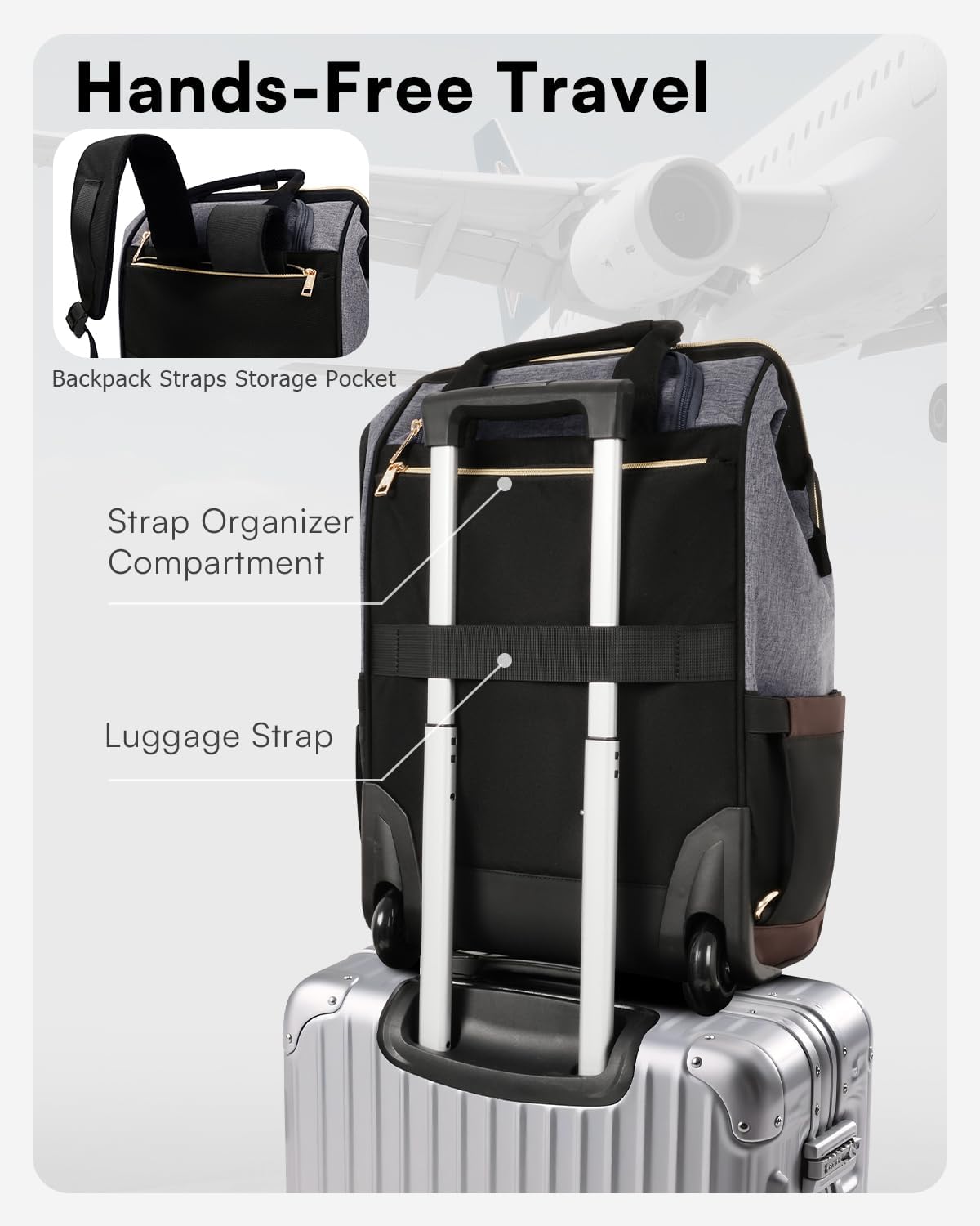 Rolling Backpack for Women, Travel Backpack with Wheels, Vertical Storage Wheeled Laptop Backpack, Underseat Carry on Luggage for College Business Work, Stylish Rolling Laptop Bag, Grey Brown