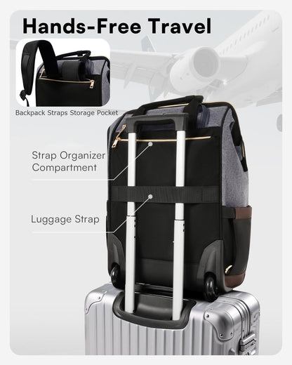 Rolling Backpack for Women, Travel Backpack with Wheels, Vertical Storage Wheeled Laptop Backpack, Underseat Carry on Luggage for College Business Work, Stylish Rolling Laptop Bag, Grey Brown