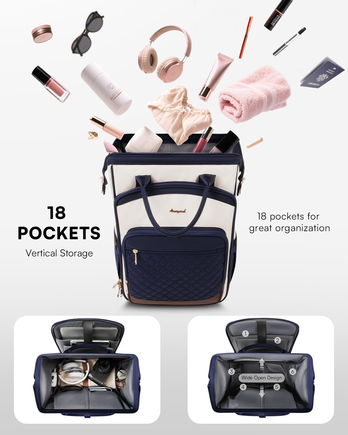 Rolling Backpack for Women, Travel Backpack with Wheels, Vertical Storage Wheeled Laptop Backpack, Underseat Carry on Luggage for College Business Work, Stylish Rolling Laptop Bag, Grey Brown