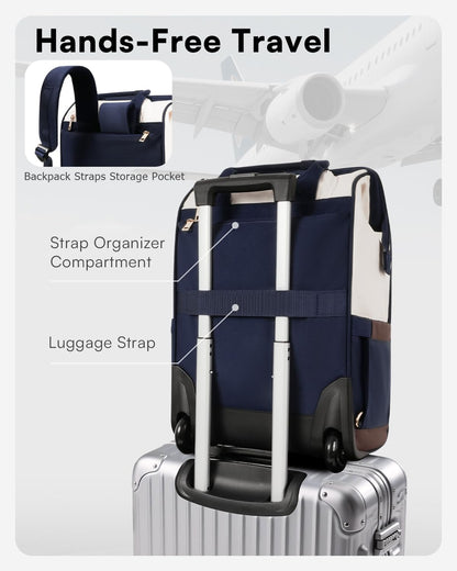 Rolling Backpack for Women, Travel Backpack with Wheels, Vertical Storage Wheeled Laptop Backpack, Underseat Carry on Luggage for College Business Work, Stylish Rolling Laptop Bag, Grey Brown