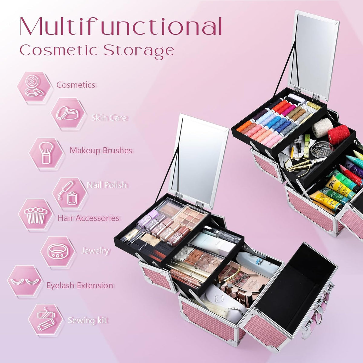 Makeup Train Case Makeup Case Organizer Portable Cosmetic Box Storage with 2 Trays Mirror Locking Make Up Travel Case for Nail Kits Cosmetics Craft Traveling Makeup Box Mermaid Pink