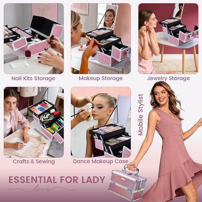 Makeup Train Case Makeup Case Organizer Portable Cosmetic Box Storage with 2 Trays Mirror Locking Make Up Travel Case for Nail Kits Cosmetics Craft Traveling Makeup Box Mermaid Pink