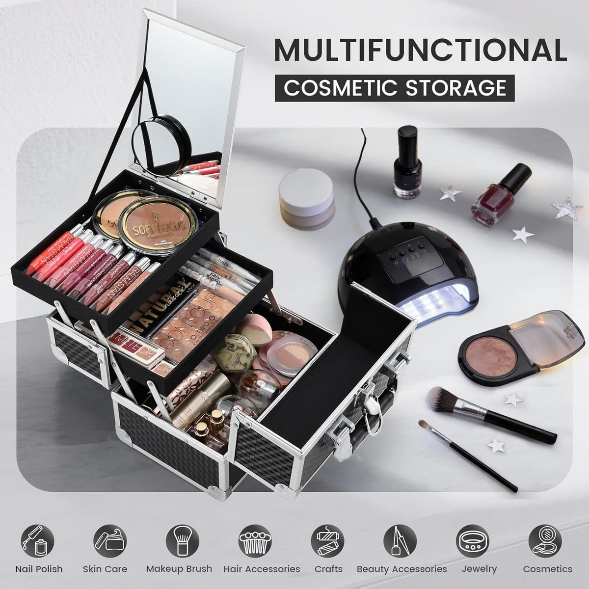 Makeup Train Case Makeup Case Organizer Portable Cosmetic Box Storage with 2 Trays Mirror Locking Make Up Travel Case for Nail Kits Cosmetics Craft Traveling Makeup Box Mermaid Pink