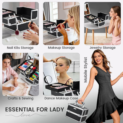 Makeup Train Case Makeup Case Organizer Portable Cosmetic Box Storage with 2 Trays Mirror Locking Make Up Travel Case for Nail Kits Cosmetics Craft Traveling Makeup Box Mermaid Pink