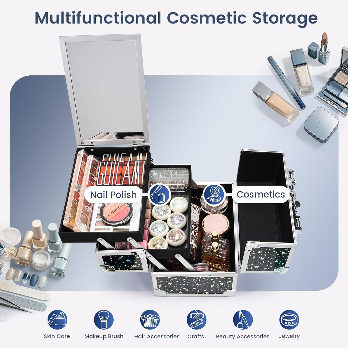 Makeup Train Case Makeup Case Organizer Portable Cosmetic Box Storage with 2 Trays Mirror Locking Make Up Travel Case for Nail Kits Cosmetics Craft Traveling Makeup Box Mermaid Pink
