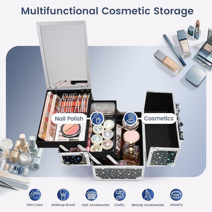 Makeup Train Case Makeup Case Organizer Portable Cosmetic Box Storage with 2 Trays Mirror Locking Make Up Travel Case for Nail Kits Cosmetics Craft Traveling Makeup Box Mermaid Pink