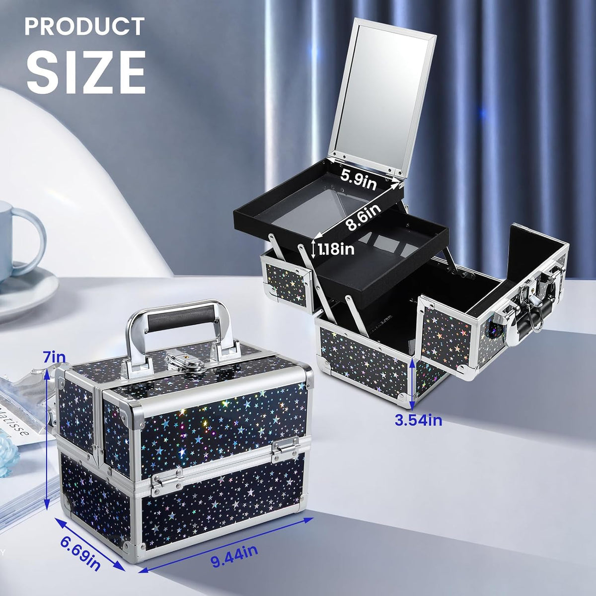 Makeup Train Case Makeup Case Organizer Portable Cosmetic Box Storage with 2 Trays Mirror Locking Make Up Travel Case for Nail Kits Cosmetics Craft Traveling Makeup Box Mermaid Pink