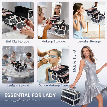 Makeup Train Case Makeup Case Organizer Portable Cosmetic Box Storage with 2 Trays Mirror Locking Make Up Travel Case for Nail Kits Cosmetics Craft Traveling Makeup Box Mermaid Pink
