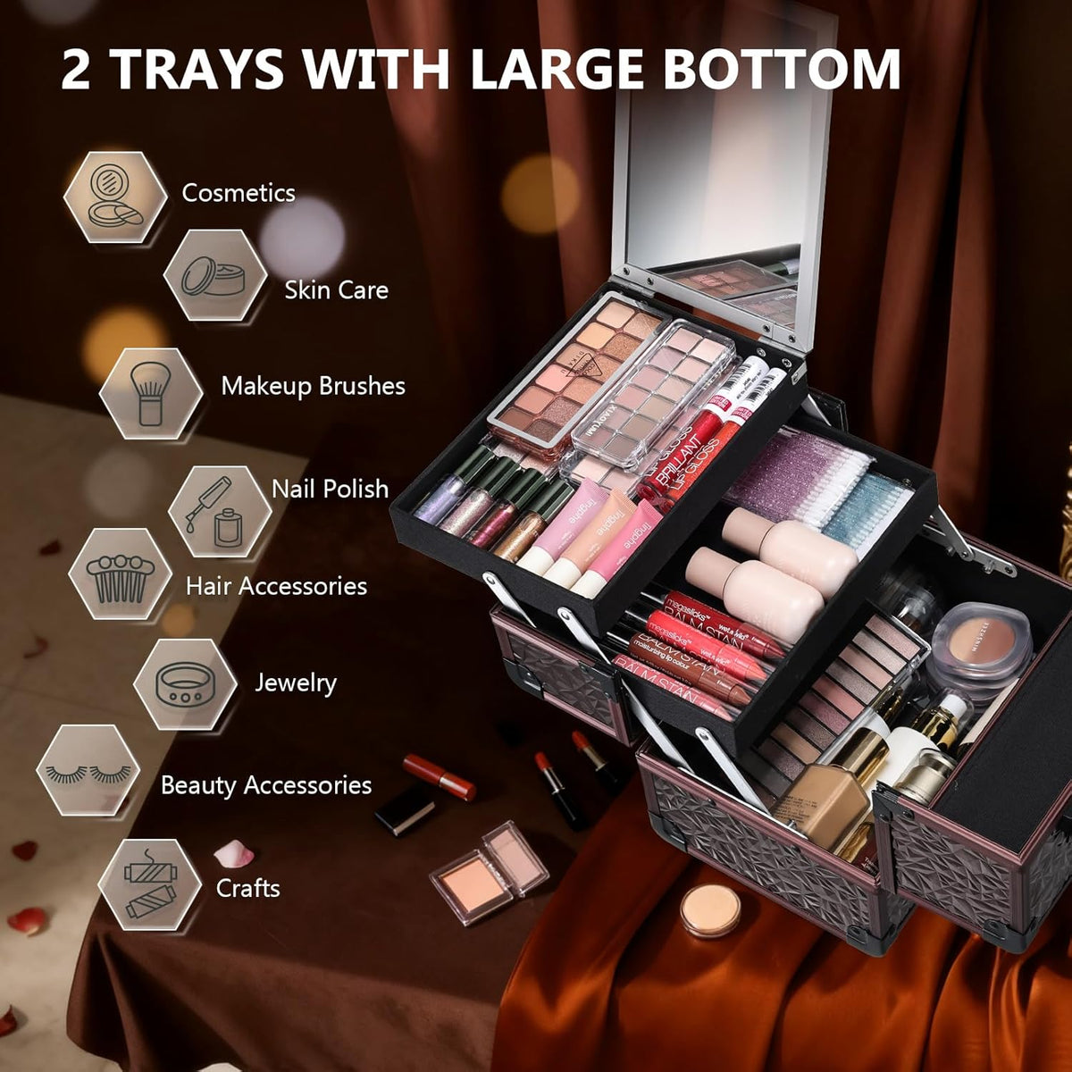 Makeup Train Case Makeup Case Organizer Portable Cosmetic Box Storage with 2 Trays Mirror Locking Make Up Travel Case for Nail Kits Cosmetics Craft Traveling Makeup Box Mermaid Pink