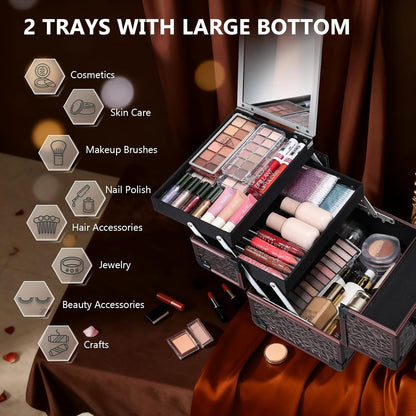Makeup Train Case Makeup Case Organizer Portable Cosmetic Box Storage with 2 Trays Mirror Locking Make Up Travel Case for Nail Kits Cosmetics Craft Traveling Makeup Box Mermaid Pink