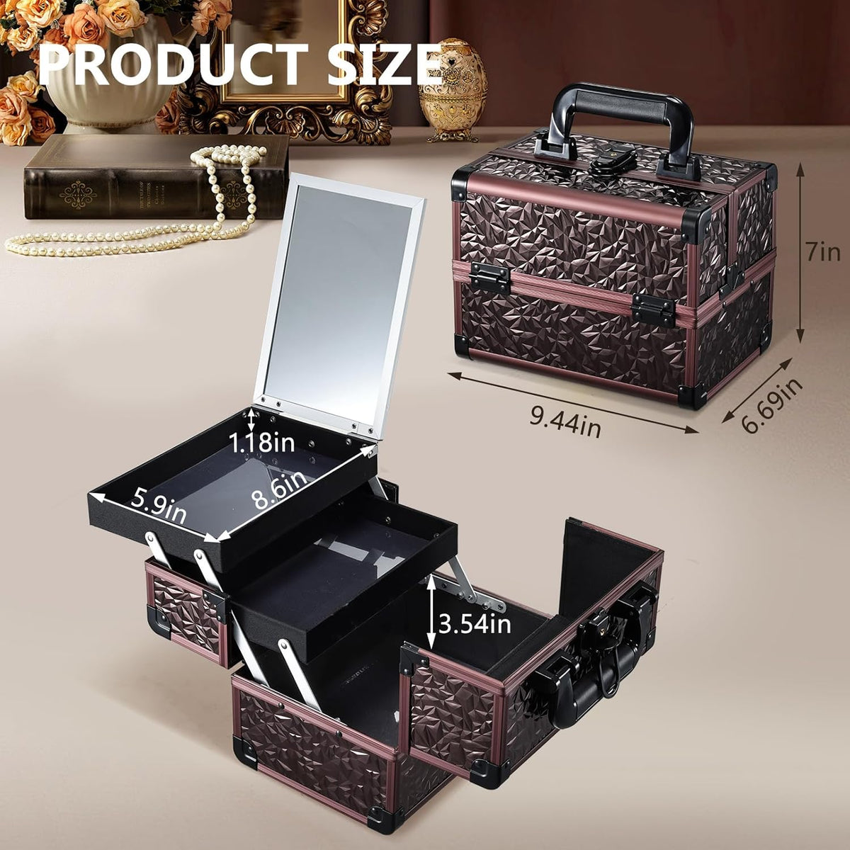 Makeup Train Case Makeup Case Organizer Portable Cosmetic Box Storage with 2 Trays Mirror Locking Make Up Travel Case for Nail Kits Cosmetics Craft Traveling Makeup Box Mermaid Pink