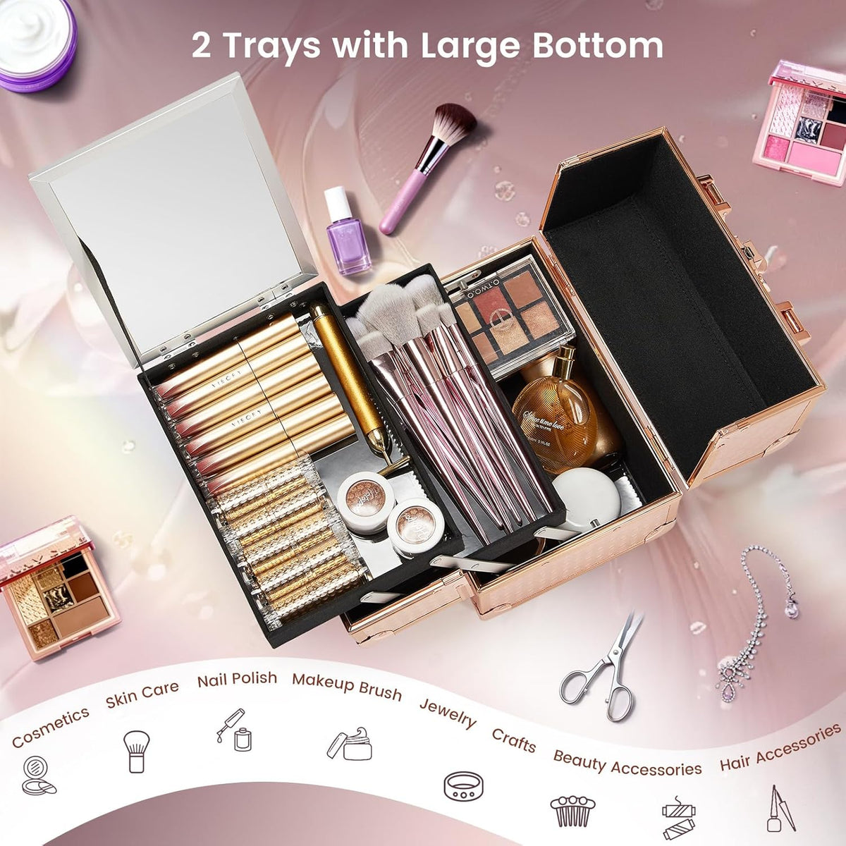 Makeup Train Case Makeup Case Organizer Portable Cosmetic Box Storage with 2 Trays Mirror Locking Make Up Travel Case for Nail Kits Cosmetics Craft Traveling Makeup Box Mermaid Pink