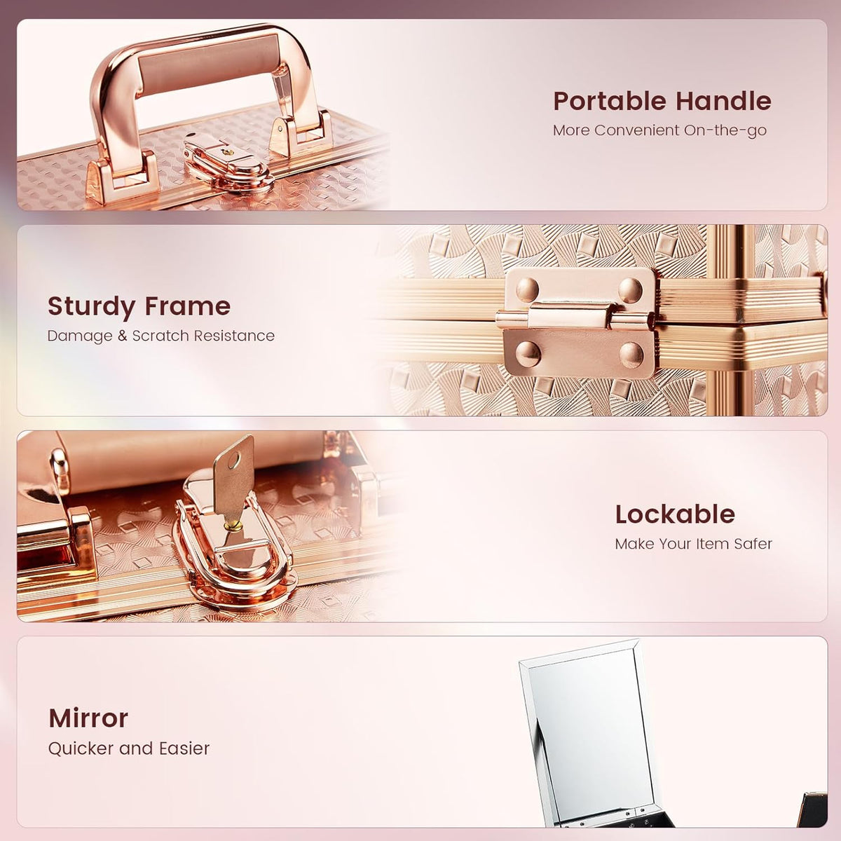 Makeup Train Case Makeup Case Organizer Portable Cosmetic Box Storage with 2 Trays Mirror Locking Make Up Travel Case for Nail Kits Cosmetics Craft Traveling Makeup Box Mermaid Pink
