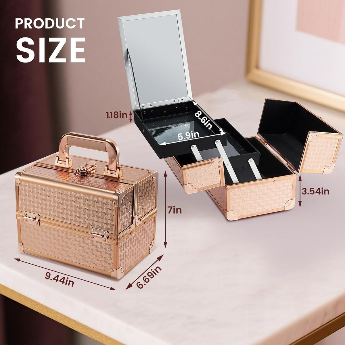 Makeup Train Case Makeup Case Organizer Portable Cosmetic Box Storage with 2 Trays Mirror Locking Make Up Travel Case for Nail Kits Cosmetics Craft Traveling Makeup Box Mermaid Pink