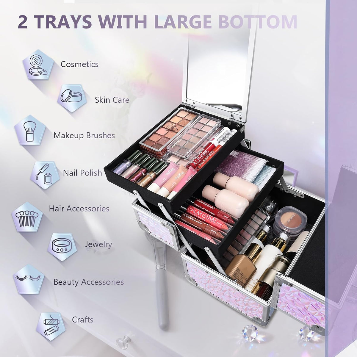 Makeup Train Case Makeup Case Organizer Portable Cosmetic Box Storage with 2 Trays Mirror Locking Make Up Travel Case for Nail Kits Cosmetics Craft Traveling Makeup Box Mermaid Pink