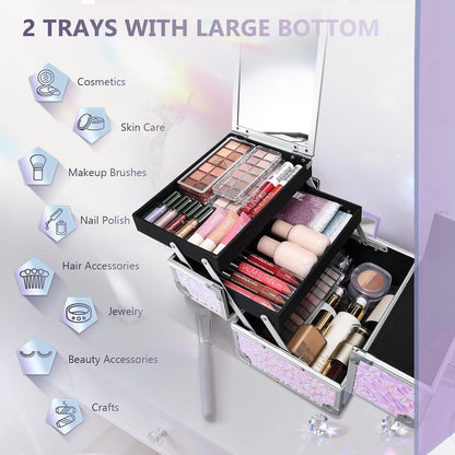 Makeup Train Case Makeup Case Organizer Portable Cosmetic Box Storage with 2 Trays Mirror Locking Make Up Travel Case for Nail Kits Cosmetics Craft Traveling Makeup Box Mermaid Pink