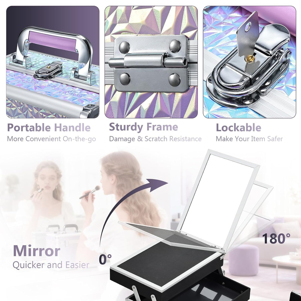 Makeup Train Case Makeup Case Organizer Portable Cosmetic Box Storage with 2 Trays Mirror Locking Make Up Travel Case for Nail Kits Cosmetics Craft Traveling Makeup Box Mermaid Pink