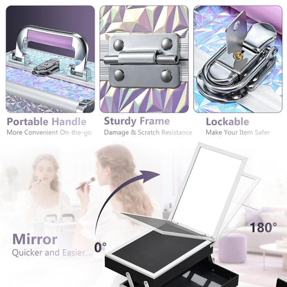 Makeup Train Case Makeup Case Organizer Portable Cosmetic Box Storage with 2 Trays Mirror Locking Make Up Travel Case for Nail Kits Cosmetics Craft Traveling Makeup Box Mermaid Pink