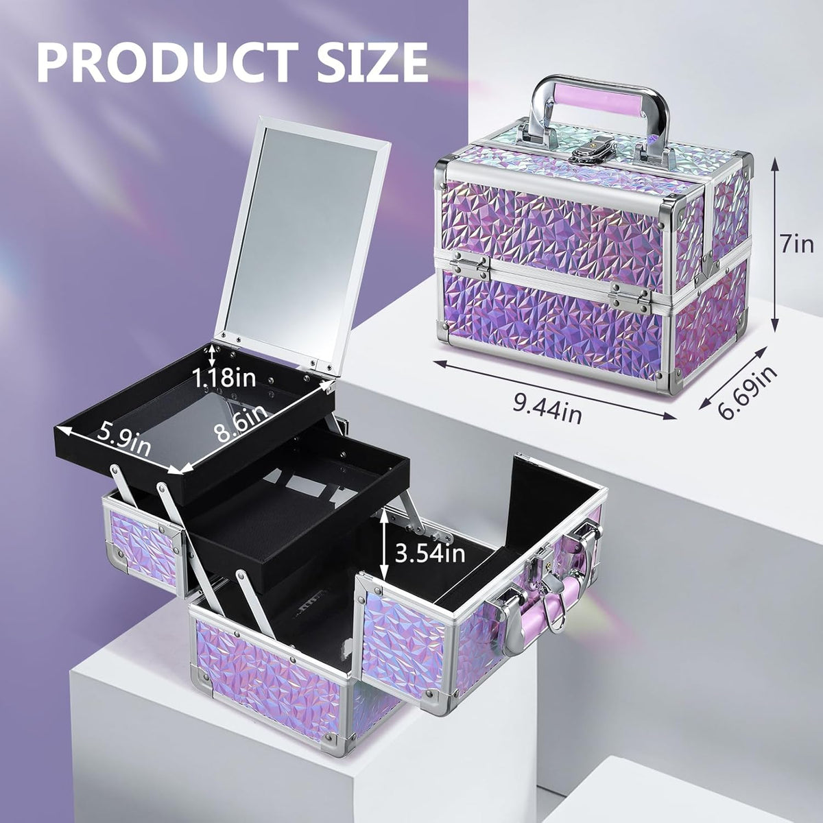 Makeup Train Case Makeup Case Organizer Portable Cosmetic Box Storage with 2 Trays Mirror Locking Make Up Travel Case for Nail Kits Cosmetics Craft Traveling Makeup Box Mermaid Pink