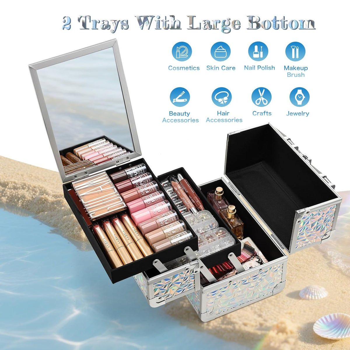 Makeup Train Case Makeup Case Organizer Portable Cosmetic Box Storage with 2 Trays Mirror Locking Make Up Travel Case for Nail Kits Cosmetics Craft Traveling Makeup Box Mermaid Pink