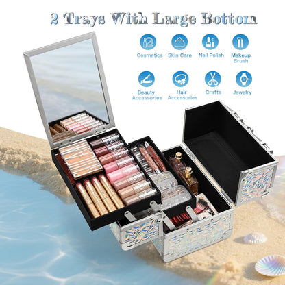 Makeup Train Case Makeup Case Organizer Portable Cosmetic Box Storage with 2 Trays Mirror Locking Make Up Travel Case for Nail Kits Cosmetics Craft Traveling Makeup Box Mermaid Pink