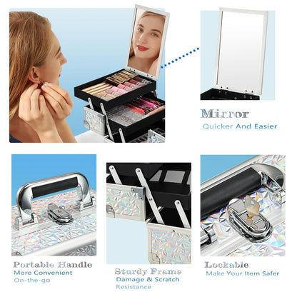 Makeup Train Case Makeup Case Organizer Portable Cosmetic Box Storage with 2 Trays Mirror Locking Make Up Travel Case for Nail Kits Cosmetics Craft Traveling Makeup Box Mermaid Pink