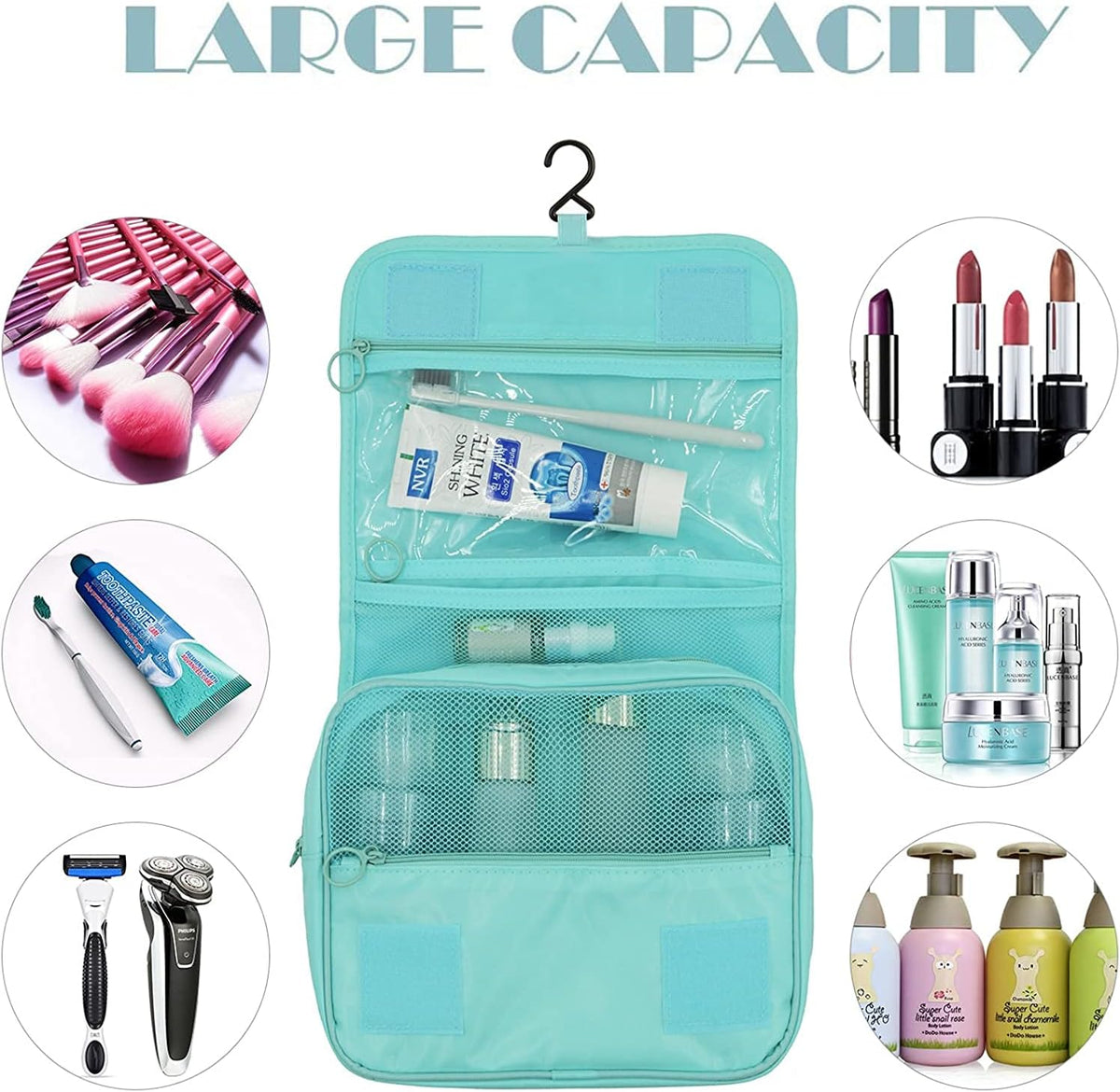 Travel Hanging Toiletry Bag Cosmetic Bag Makeup Organizers for Men & Women with Sturdy Hook (Blue flower)
