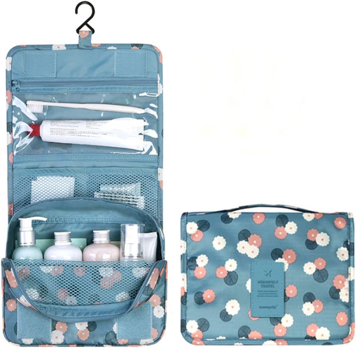 Travel Hanging Toiletry Bag Cosmetic Bag Makeup Organizers for Men & Women with Sturdy Hook (Blue flower)