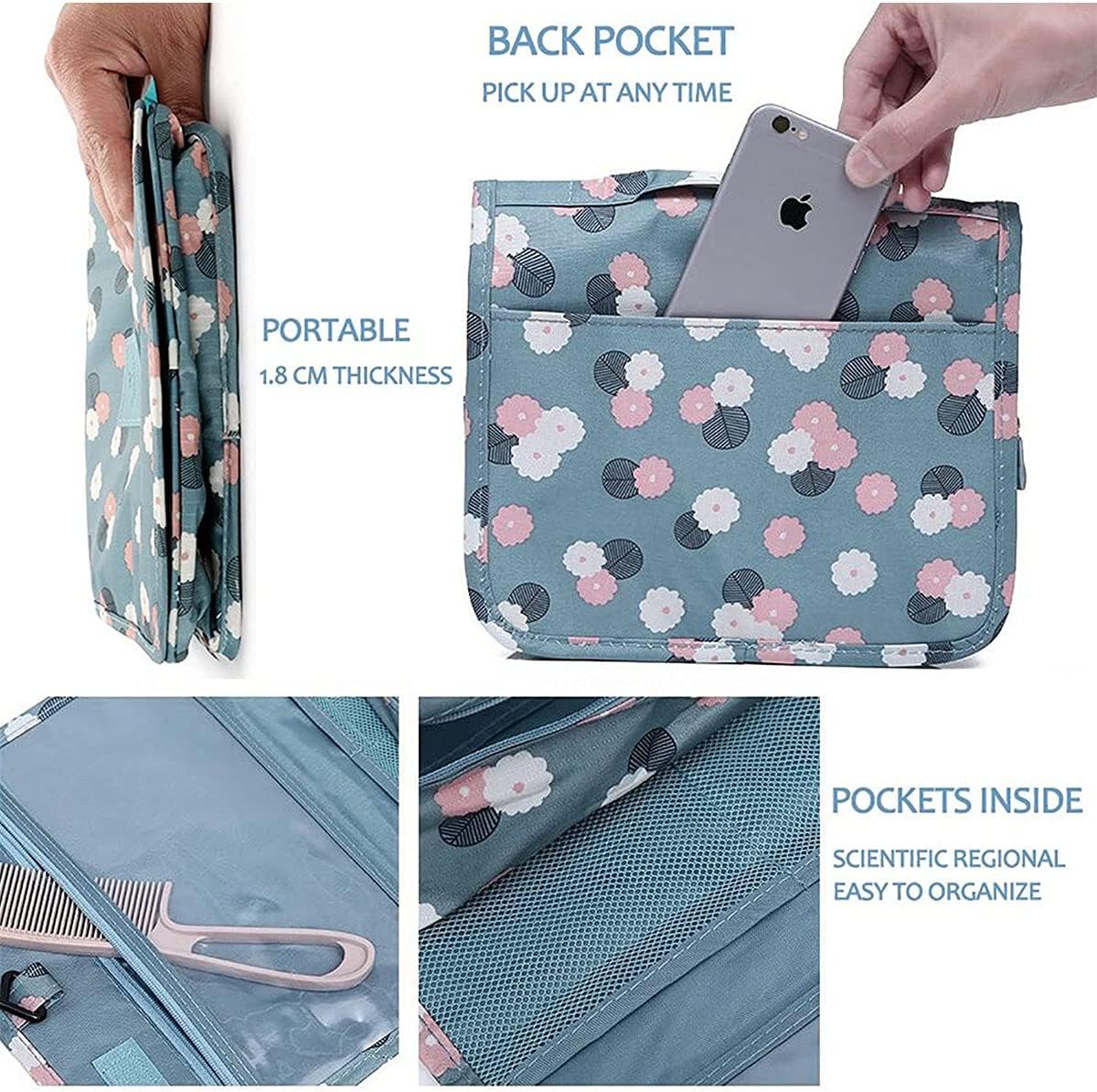 Travel Hanging Toiletry Bag Cosmetic Bag Makeup Organizers for Men & Women with Sturdy Hook (Blue flower)
