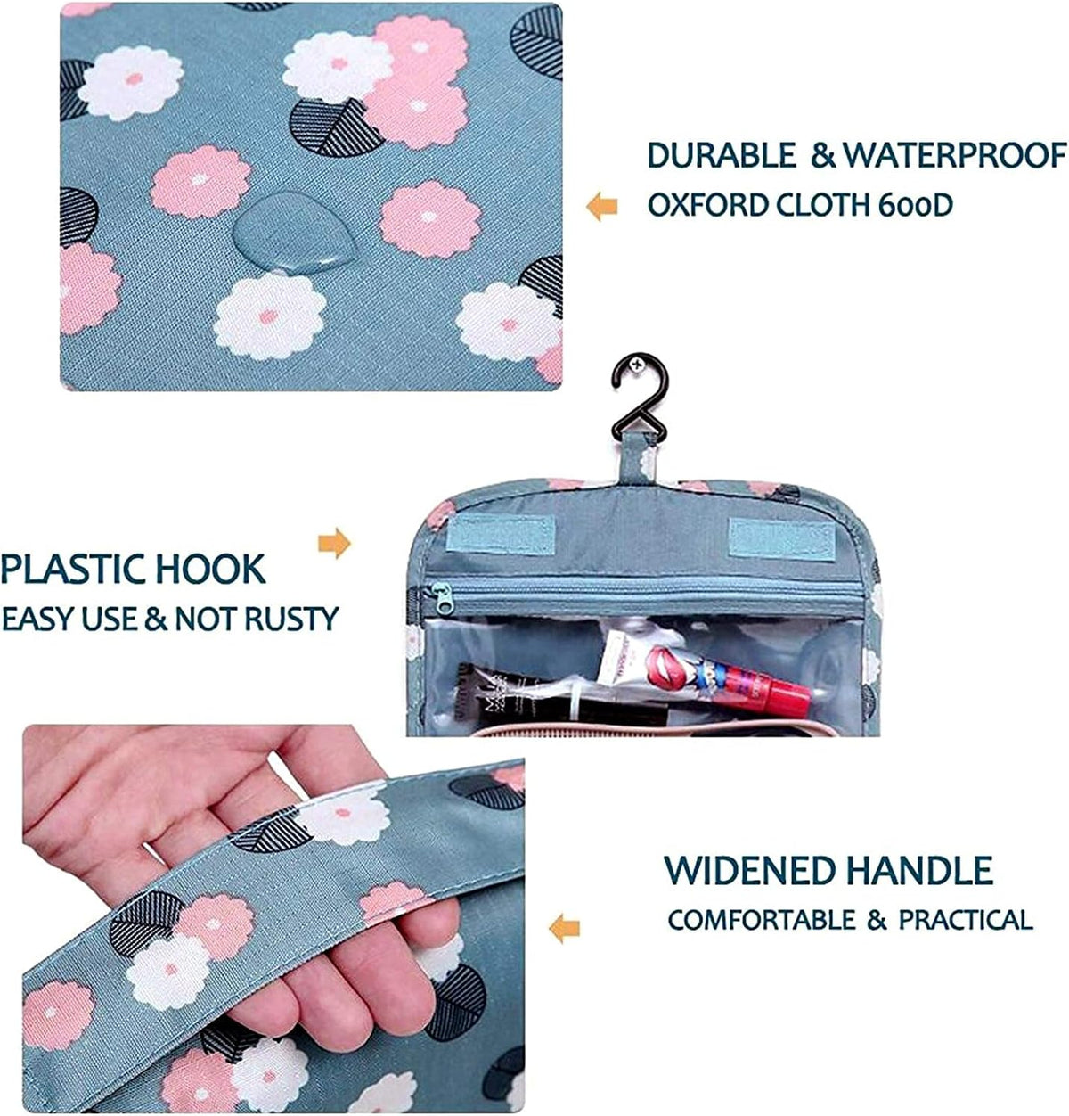 Travel Hanging Toiletry Bag Cosmetic Bag Makeup Organizers for Men & Women with Sturdy Hook (Blue flower)