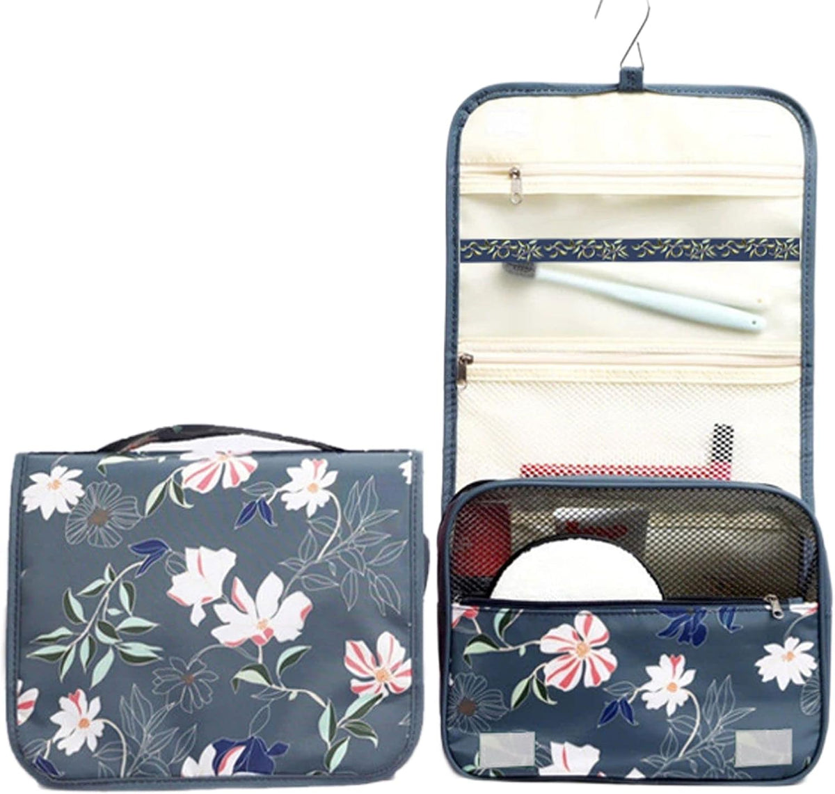 Travel Hanging Toiletry Bag Cosmetic Bag Makeup Organizers for Men & Women with Sturdy Hook (Blue flower)